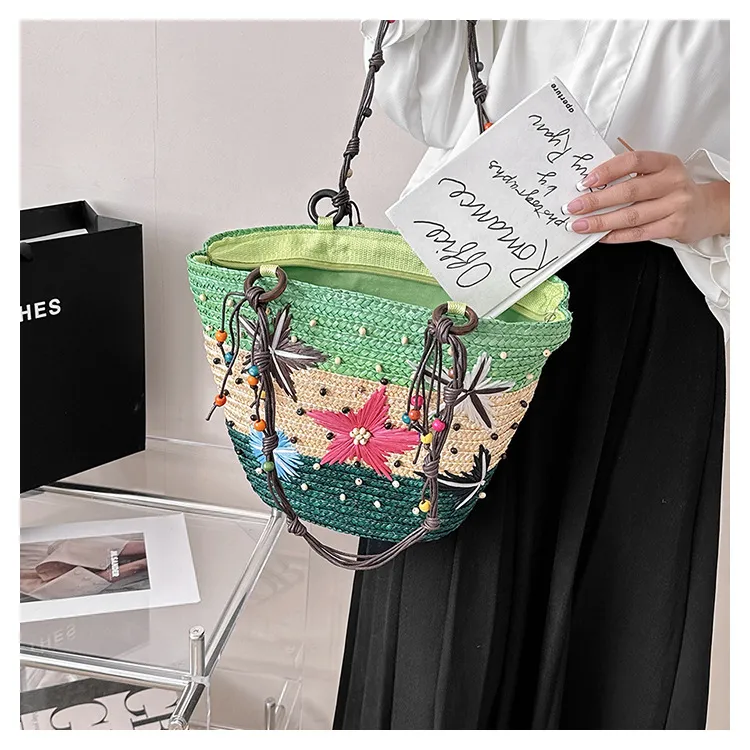 DHgate Womens Straw Shoulder Bags 3 Colors Woven Straw Handbags with Sweet Flowers Embroidery Summer Romantic Holiday Beach Bag Bags Luggage Accessories