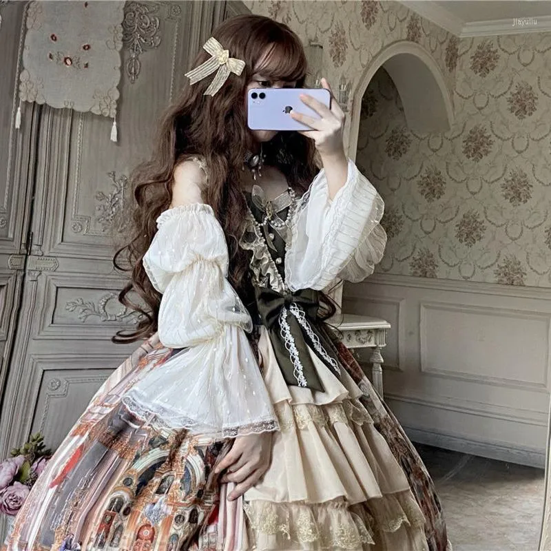 Casual Dresses Japanese Ruffles Dress Girls Shirts Kawaii Clothes Lolita With Lace Ruffle Long Sleeve Shirt Women Princess Costume Tops Bow