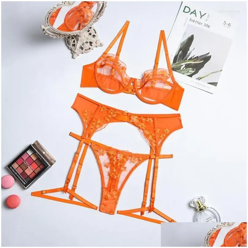 bras sets gredea womens bra set thin lace embroidery seethrough sexy lingerie orange temptation erotic underwear garter leg loop