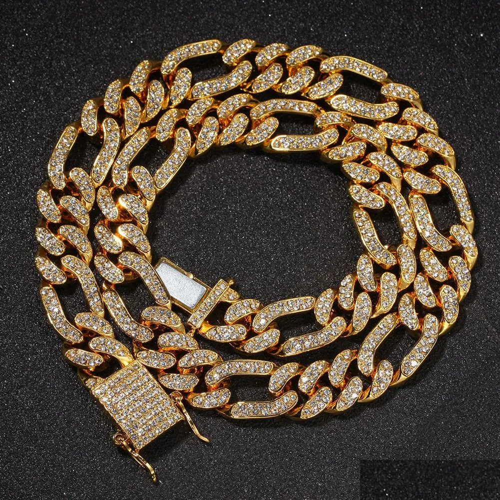 Цепочки фигаро ожерелье 1м хип -хоп Sier/Gold Color Out Attonestones Кубинские связи ожерелья Mens Hip Hop Jewelry Drop Pendan Dhax7