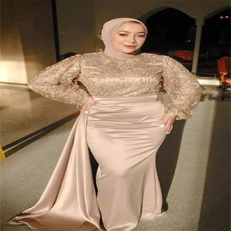Gold muslimsk aftonklänning med tåg 2023 Långärmad spets sjöjungfru arabiska dubai prom danklänningar elegant islam formell middag vestidos de fiesta noche 2023 Abiye