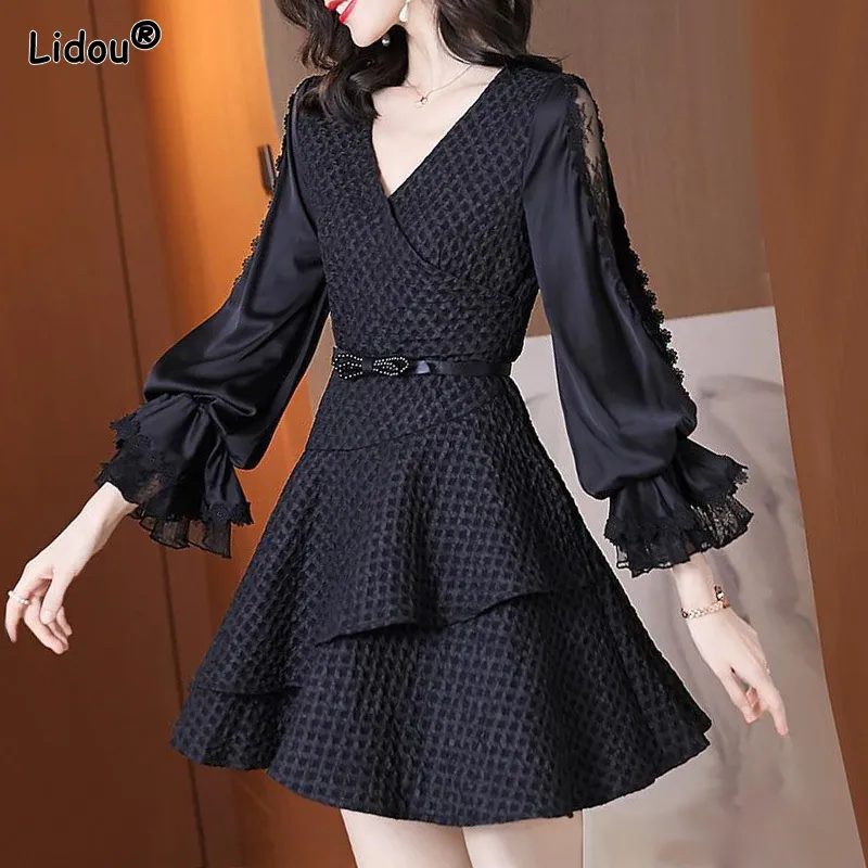 Basic Casual Dresses Vintage Fashion Knie-Length Women's Clothing V-Neck Chiffon Lace Dresses For Women Empire Solid Pullover Spring Autumn 230520