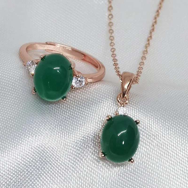 Conjuntos Meibapj Natural Calcedônia Gemstone Anel e Colar para Mulheres Real 925 Sterling Silver Green Stone Fine Jewelry Set