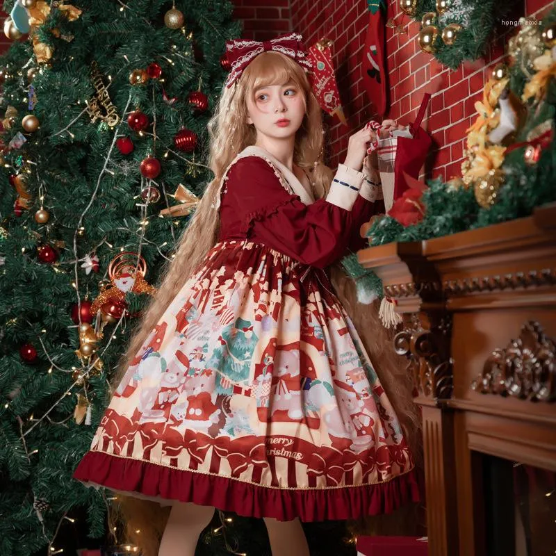 Christmas Bear Lolita Dress With Sailor Collar Lantern Sleeves