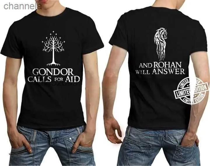 T-shirts pour hommes Gondor appelle à l'aide et Rohan répondra au texte simple tout le monde cadeau noir hommes et femmes t-shirt S-6XL