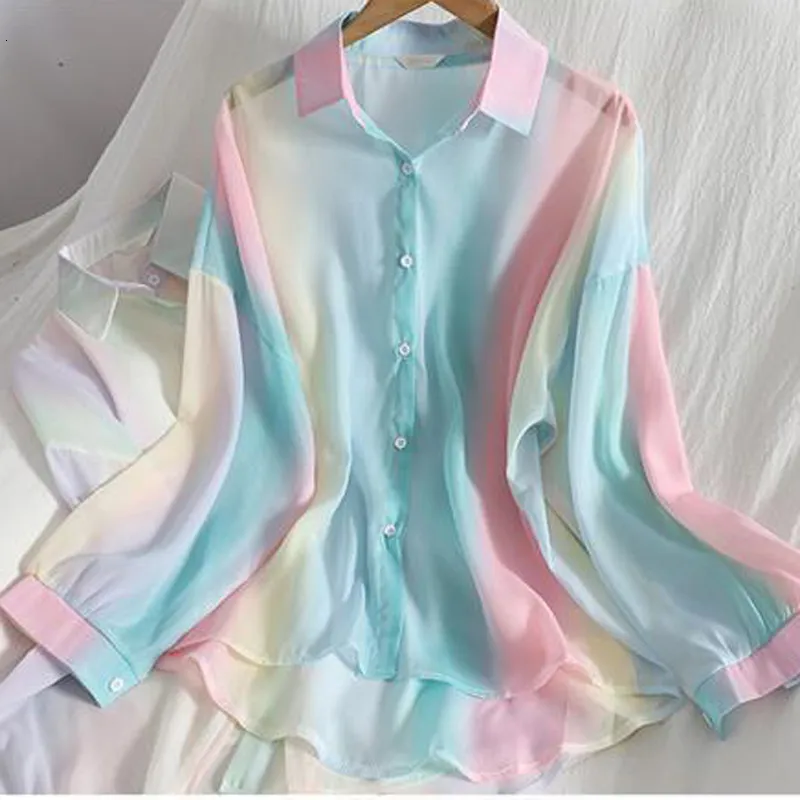 Camicette da donna Camicie da donna Chic Chiffon Arcobaleno Protezione solare Camicetta Estate Allentato Vedere attraverso Maglie a maniche lunghe casual femminili sottili 230519