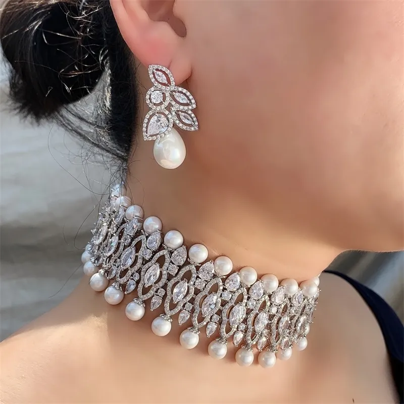 DHgate Wedding Jewelry Set for Women White Pearl Bridal Choker Punk Hiphop Rock Geometric Design Copper Jewelry