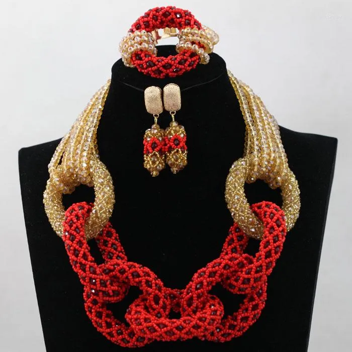 Necklace Earrings Set Red Nigerian Wedding African Beads Jewelry Crystal Women Costume WD024