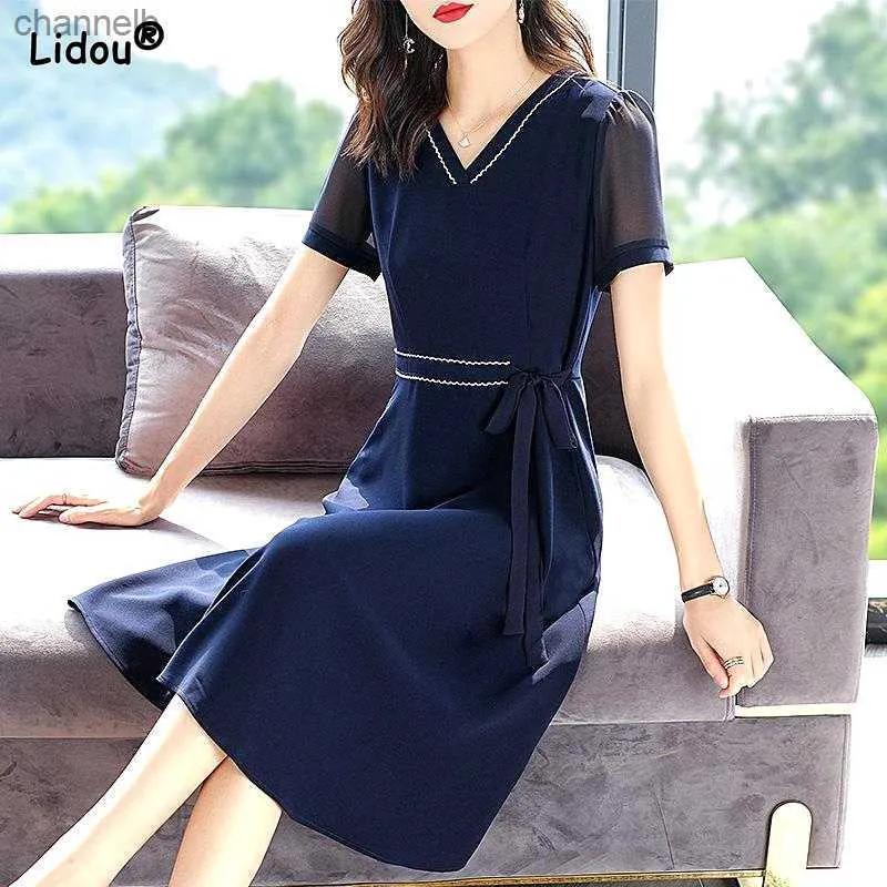 Casual Dresses Women's Clothing Chiffon Pullover Office Lady V-Neck Mid-calf Solid Empire Belt Dresses Summer New Trend Lightly Cookedlightly L230520