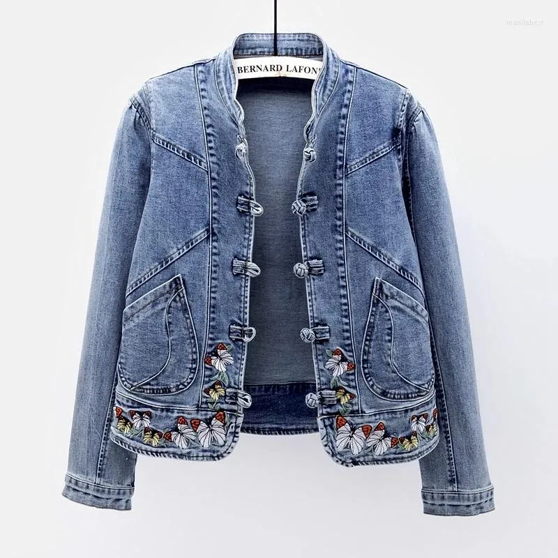 Kvinnors dike rockar Autumn Fashion Butterfly broderi denim jacka kvinnor outwear vårstativ krage smala korta jeansjackor kappa kvinnliga