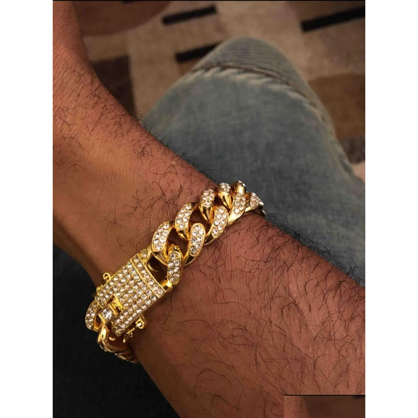 Chaîne New Hip Hop Or Mens Simated Diamant Bracelets Bijoux Mode Glacé Miami Cubain Lien Bracelet Drop Delivery Dhzwv