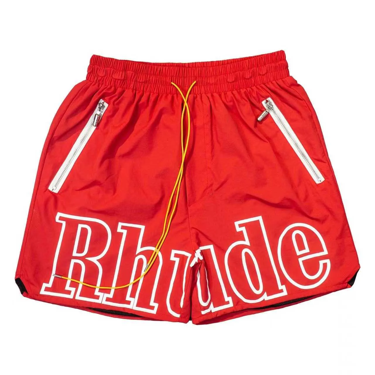 2023 Rhude Designer Men Shorts Summer Fashion Beach Pantalones de alta calidad Street Letter Print Drawcord 3m Reflective Hip-hop Casual Five-point