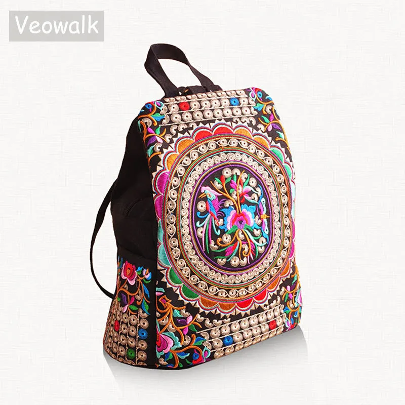 School Bags Veowalk Vintage Artistic Embroidered Women Canvas Backpacks Handmade Floral Embroidery Rucksack Schoolbag Denim Travel 23519