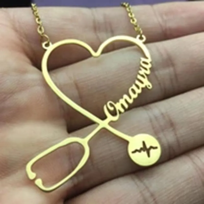 Colares Personalizado Estetoscópio Batimento Cardíaco Nome Colar Para Mulheres Menina 925 Sterling Silver Valentine's Presente Médico Amante Presentes