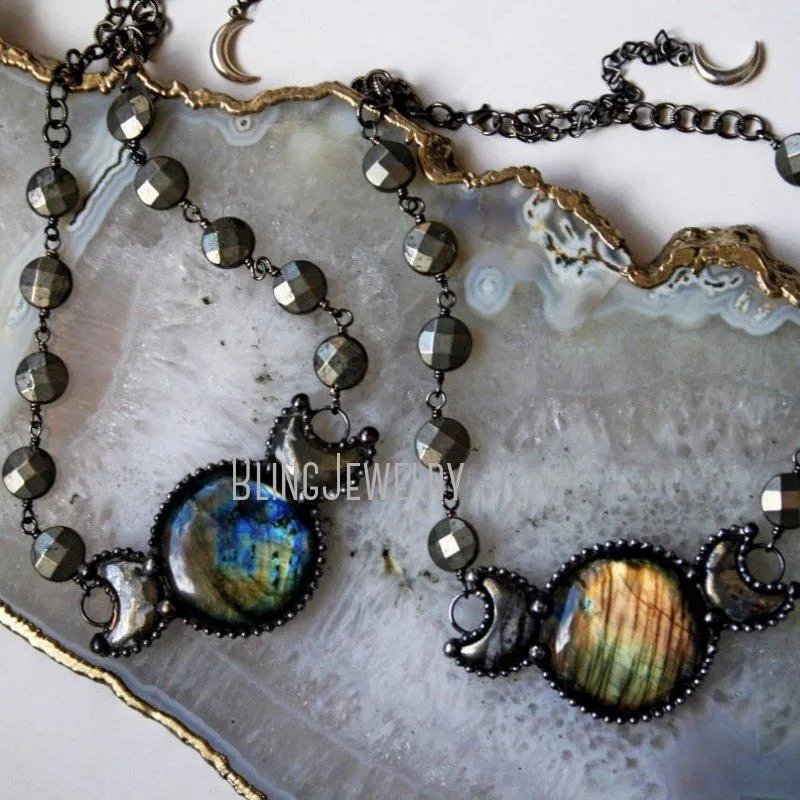 Halsband NM42363 Labradorite och Pyrite Triple Moon Goddessnecklace Labradorite och Pyrite Moon Phase Statement Neckhalloween smycken