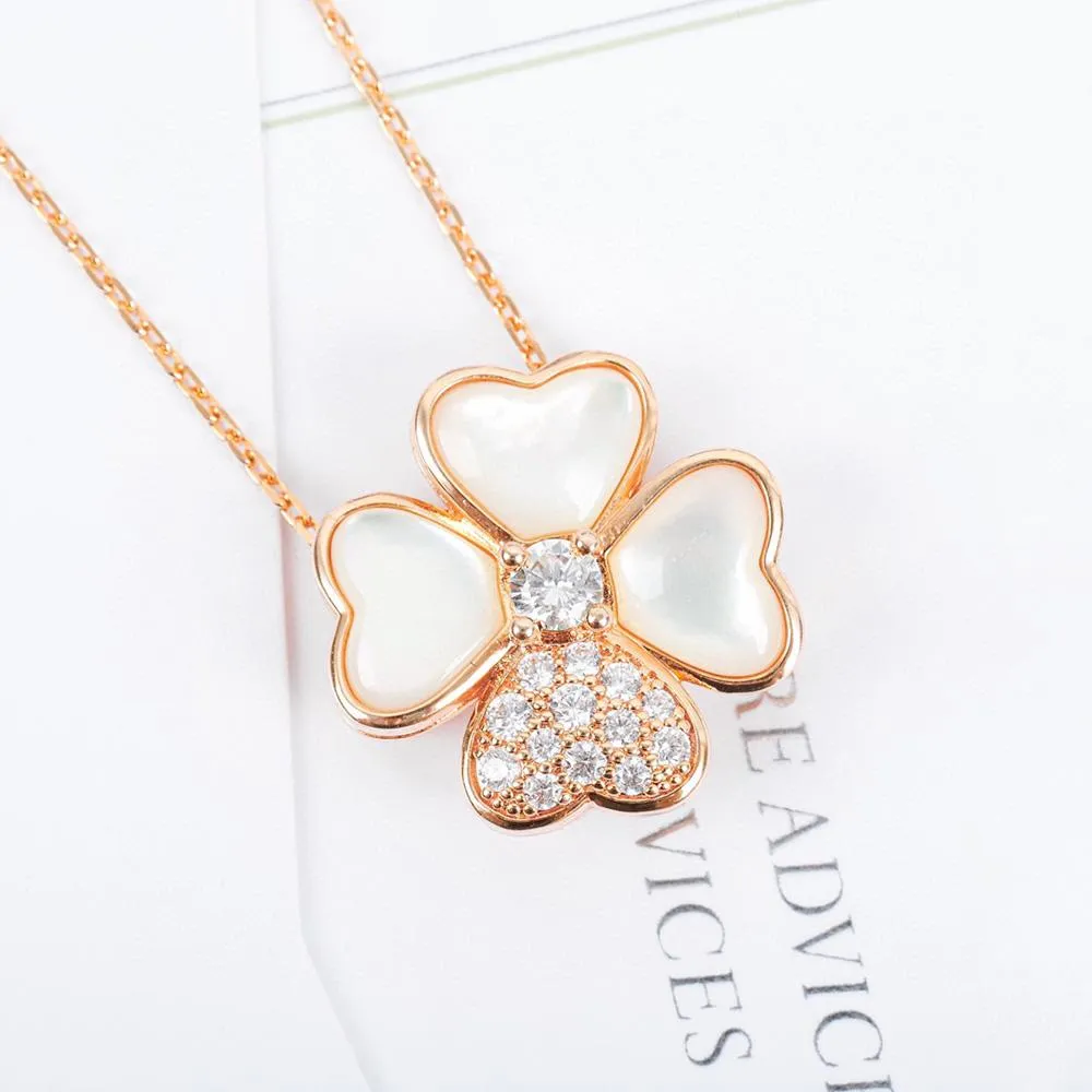 Setar charms lyxmärke Glossy Natural Mother of Pearl Shell Clover Broosh Pendant Necklace Zircon Women 925 Sterling Silver Jewelry