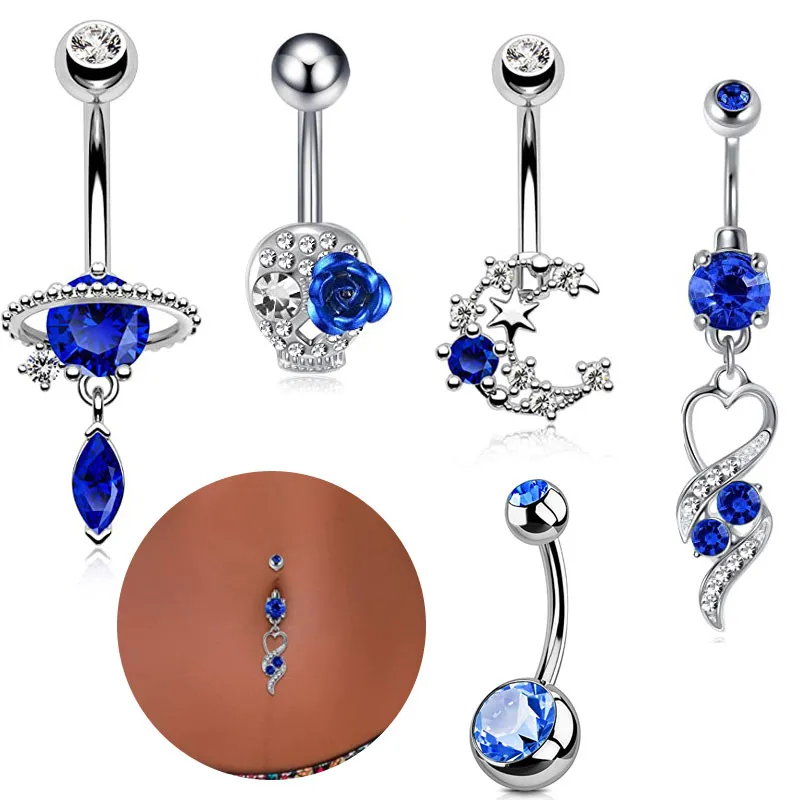 Navel Belly Button Rings Dingling Women Summer Blue Zircon Crystal Planet Moon Ball rostfritt stål Piercing Body Jewlery 2023 NYTT