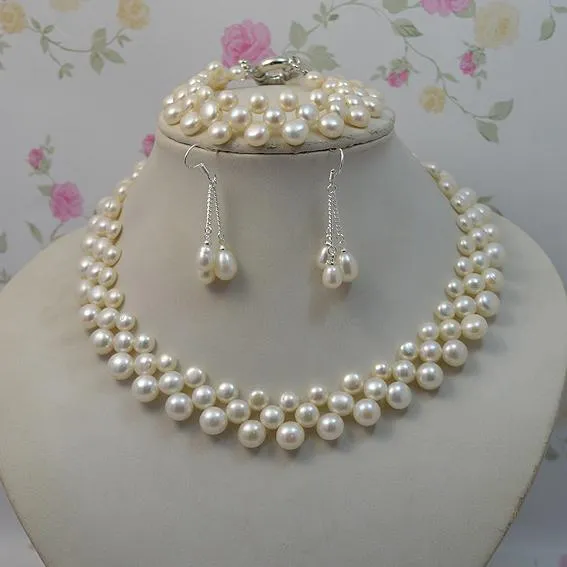 Conjuntos de jóias de pérola natural conjunto cor branca mulher de água doce pérola colar pulseira brincos 925 brincos de prata jóias finas