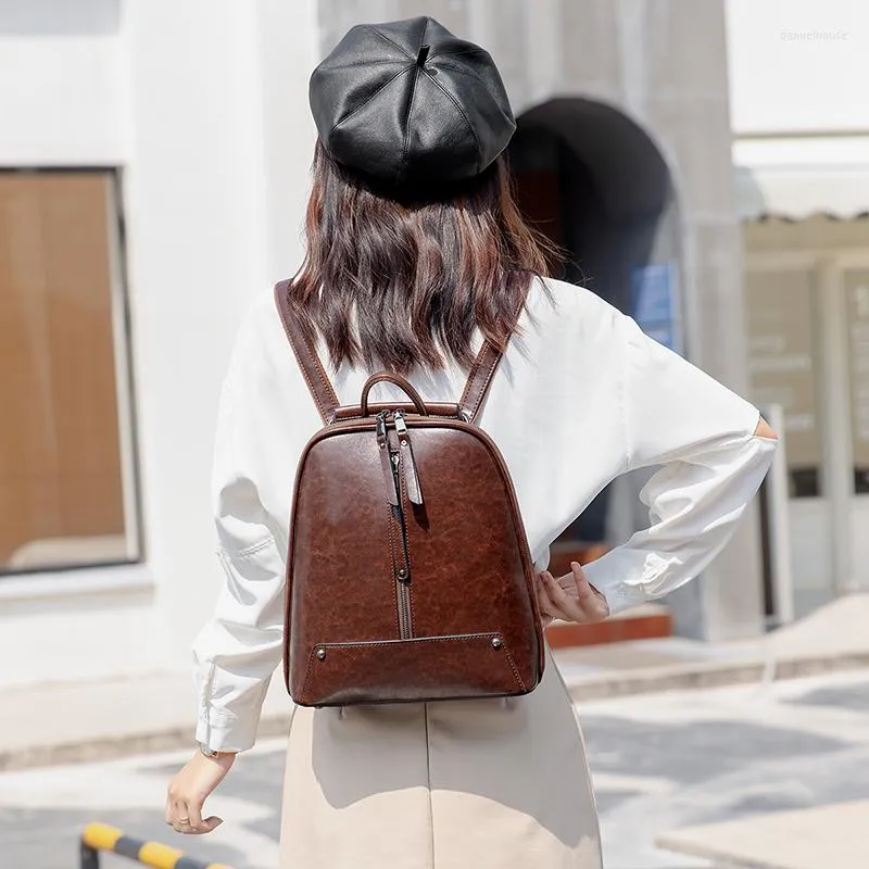 School Bags Ladies Backpacks Vintage Back Bag Genuine Leather Backpack Women Korean Stylish Bagpacks Urban Aesthetic Fashion 2023