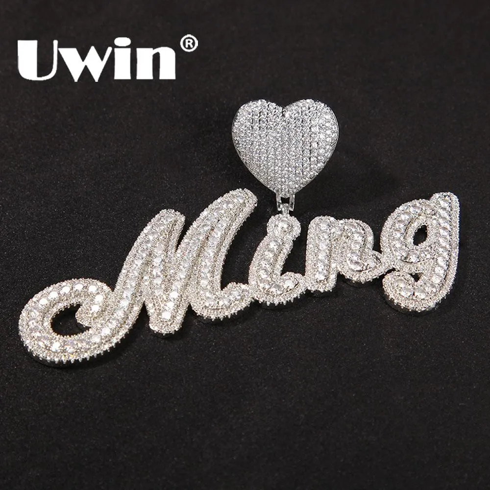 Collane UWIN Cornice a cuore Pennello personalizzato Script Bubble Lettera Nome Collane Micro pavimentato Ghiacciato CZ Collana personalizzata Gioielli Hip Hop