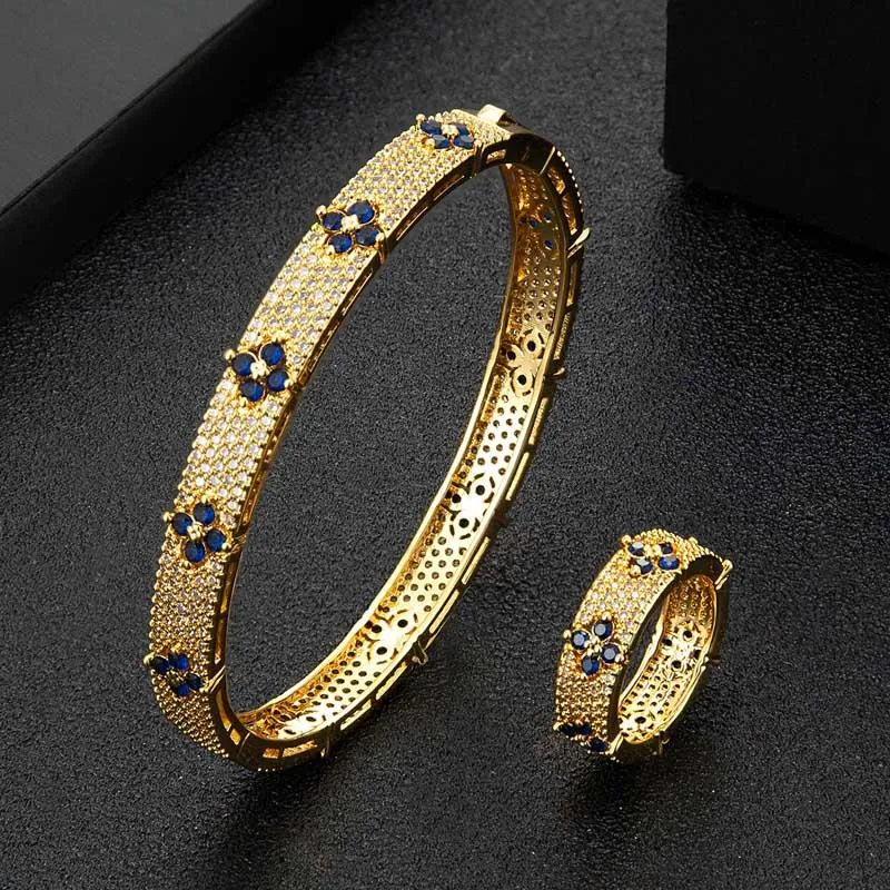 Bangle Zlxgirl smyckemärke 2 st armband med ring bröllop smycken set Europe Design koppararmband kvinnors storlek Dubai Gold Bangle Anel