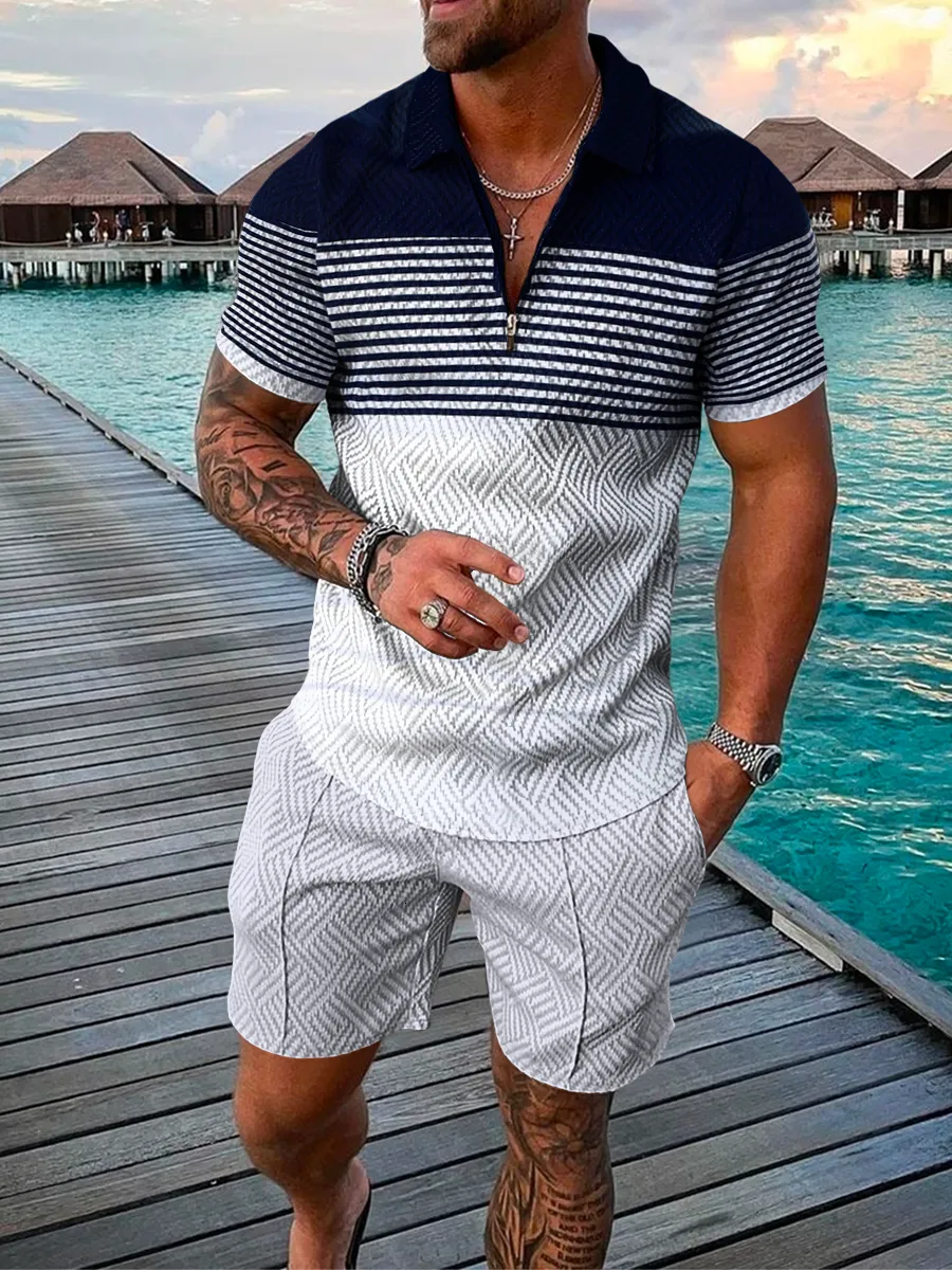 Mens Tracksuits Summer Shorts Set Short Sleeve Zip Polo Shirt Street Tshirt Two Piece Casual Sportswear 230520