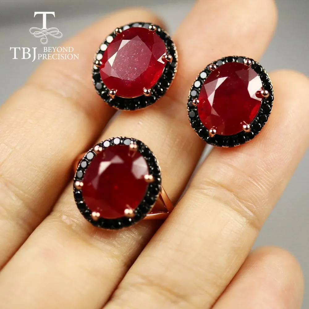 Ensembles Ovale 10*12mm naturel afrique rouge rubis ensemble de bijoux bague boucle d'oreille 925 en argent sterling bijoux fins femmes cadeau de fête d'anniversaire