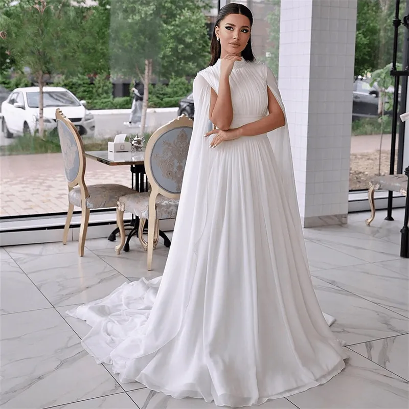 Elegant White Dubai Arabic Wedding Dress 2024 With Cape Clock High Neck Pleat Beaded Beach Chiffon Bridal Gowns