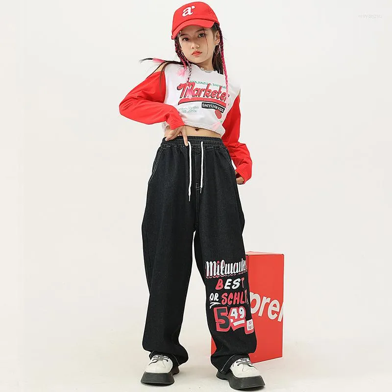 Bühnenkleidung Kid Hip Hop Kleidung Crop Tops Langarm T-Shirt Schwarz Casual Street Joggers Hosen für Mädchen Moderne Jazz Dance Kostüm Kleidung