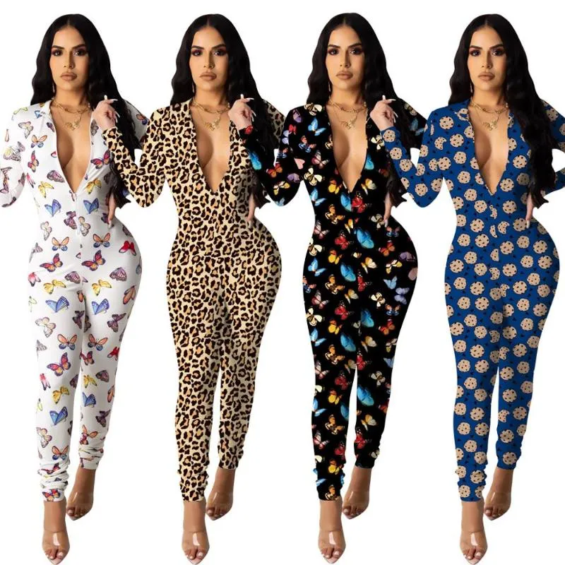 Kvinnors jumpsuits Rompers Adfvat Leopard Butterfly Print Womens Jumpsuit dragkedja Up Deep V Neck Long Sleeve Bandage Club Party Outfit Of642