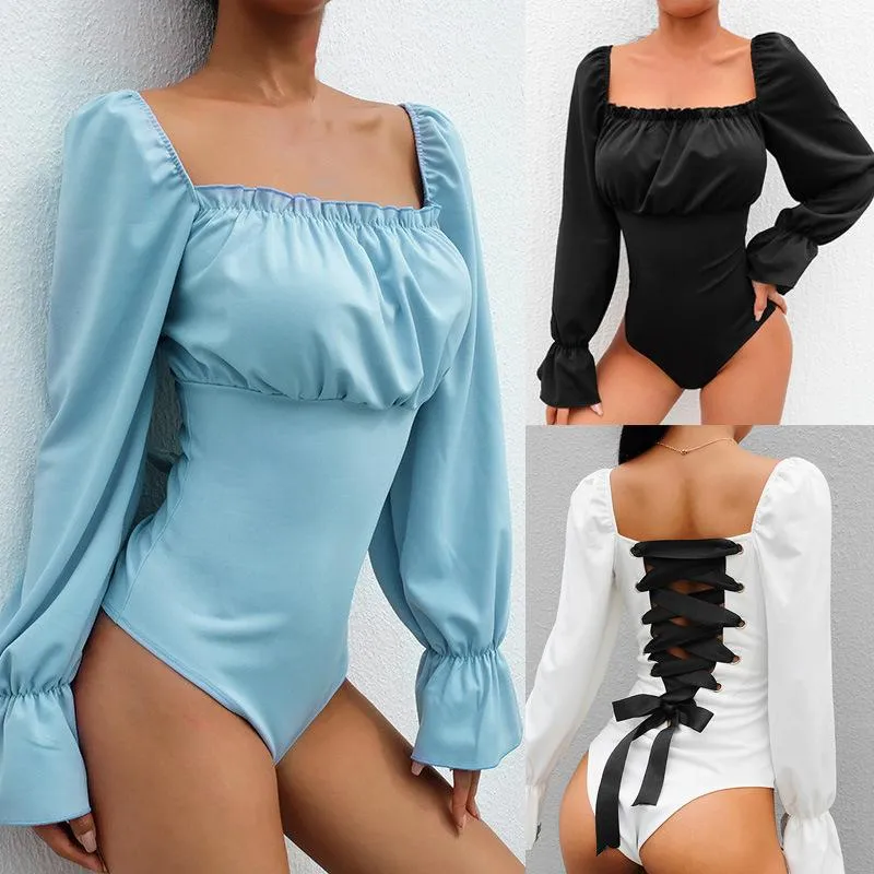 Combinaisons pour femmes barboteuses BKLD femmes automne vêtements 2023 body à manches longues S-5XL grande taille Vintage col carré haut à lacets dos nu Jum