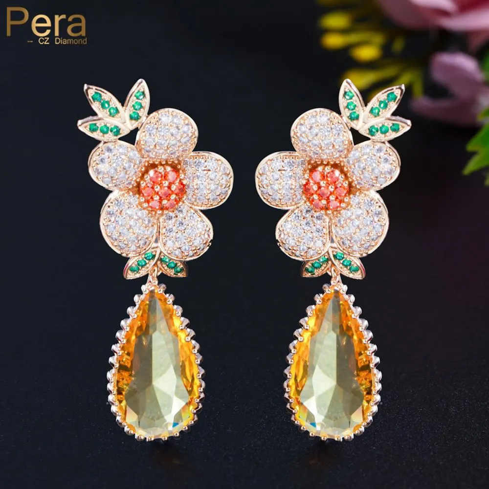 Knot Pera dyra 585 Guldfärg Gulgul CZ Luxury Bröllopsmycken Lång Big Flower Charm Water Drop Earrings For Brides E848