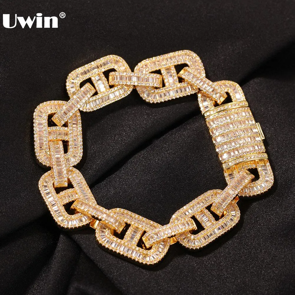 Bangle Uwin Baguettecz CZ bransoletki 15 mm Miami Cuban Link męskie bransoletki lodowane złoto srebrne kolor luksusowe pudełko biżuteria Hip Hop