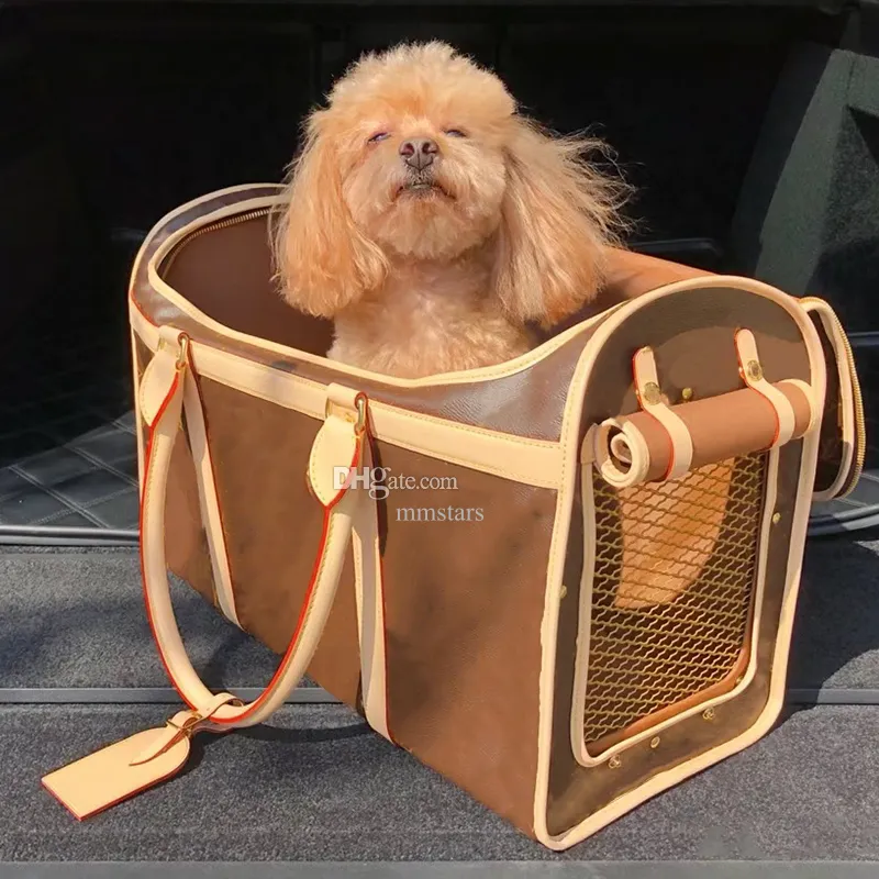 Borsa da trasporto per cani con stampa classica Tela rivestita Tracolla regolabile Articoli per animali domestici di design Borsetta con fodera in tessuto lavabile con finiture in pelle naturale