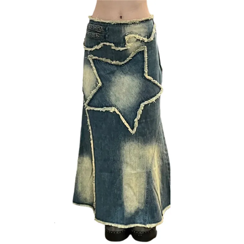 Skirts Y2K Women Streetwear Vintage Star Knee Length Denim Midi Long Skirt High Waist Straight Grunge Jeans Alt Maxi Clothes 23519 230519