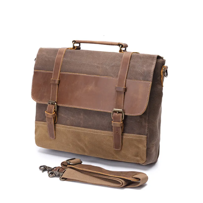 Briefcases Waxed Canvas Man Briefcase Crazy Horse Leather Working Handbag Messenger Bag Vintage Style Men's Laptop Bag With Personalization 230520