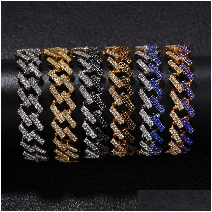 Chain Mens Hip Hop Gold Bracelets Black Blue Diamond Jewelry Fashion Iced Out Miami Cuban Link Bracelet 8Inch Drop Delivery Dhkln