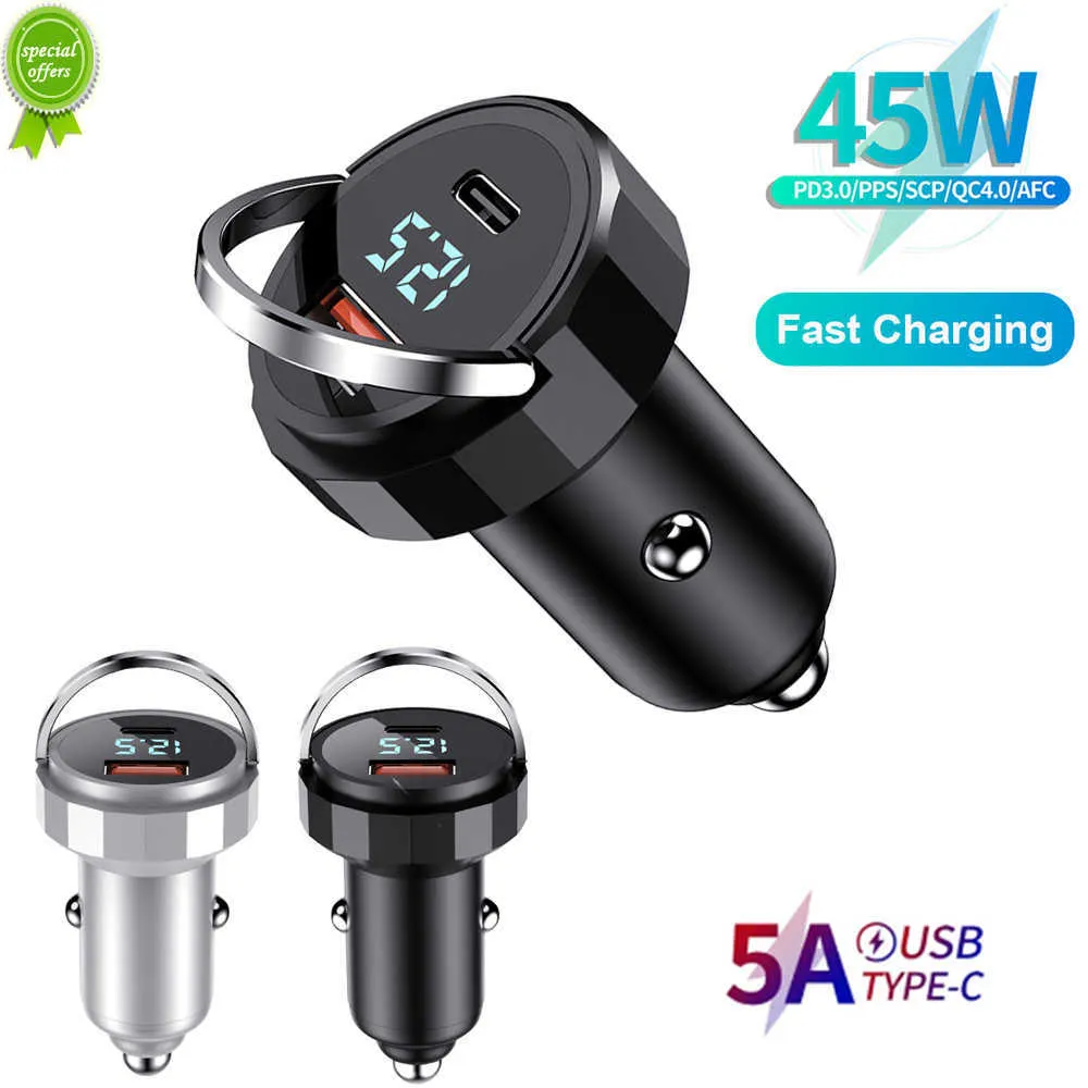 New Car Charger Dual Port USB+Type C Digital Voltage Display QC3.0 PD 45W 5A Fast Car Cigarette Lighter Phone Charger Adapter