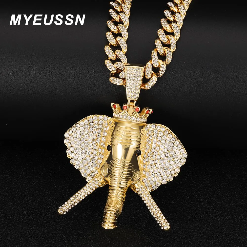 Necklaces Gold Color Iced Out Elephant Pendant Necklace Miami Cuban Chain For Men Punk Animal Big Pendant Necklace Hip Hop Jewelry Gift