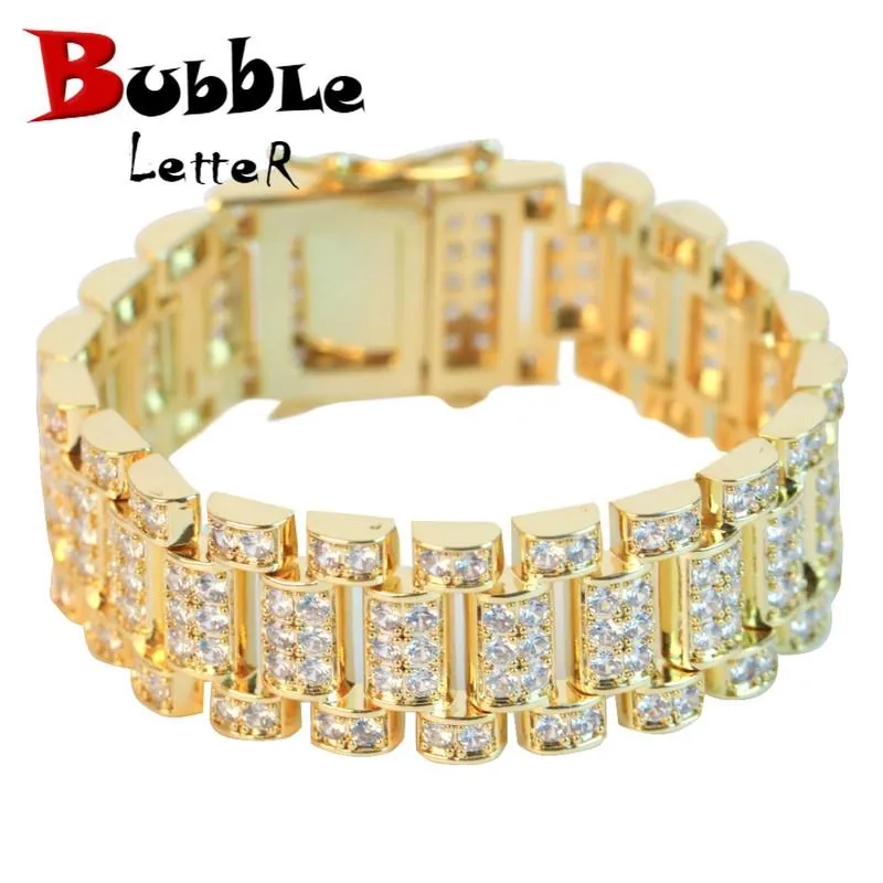 Bracelet bulle lettre hommes Bracelet sur main montre lien véritable plaqué or Hip Hop bijoux Pulsera Ancha 2021 tendance