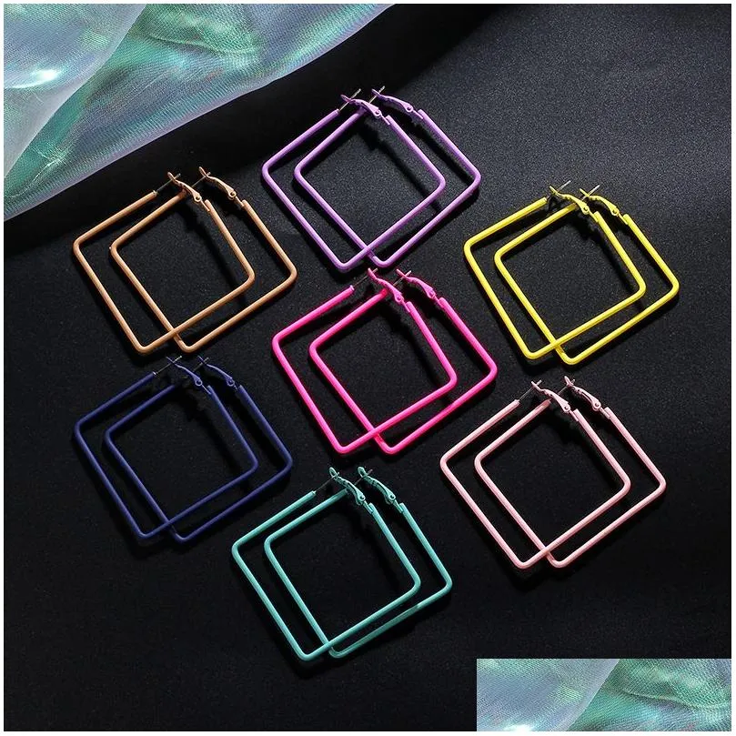 Hoop Huggie Fashion Candy Color Earrings For Women Large Square Stainless Steel Girls Temperament Party Wedding Jewelry Size5Cm Dr Dhx4Z