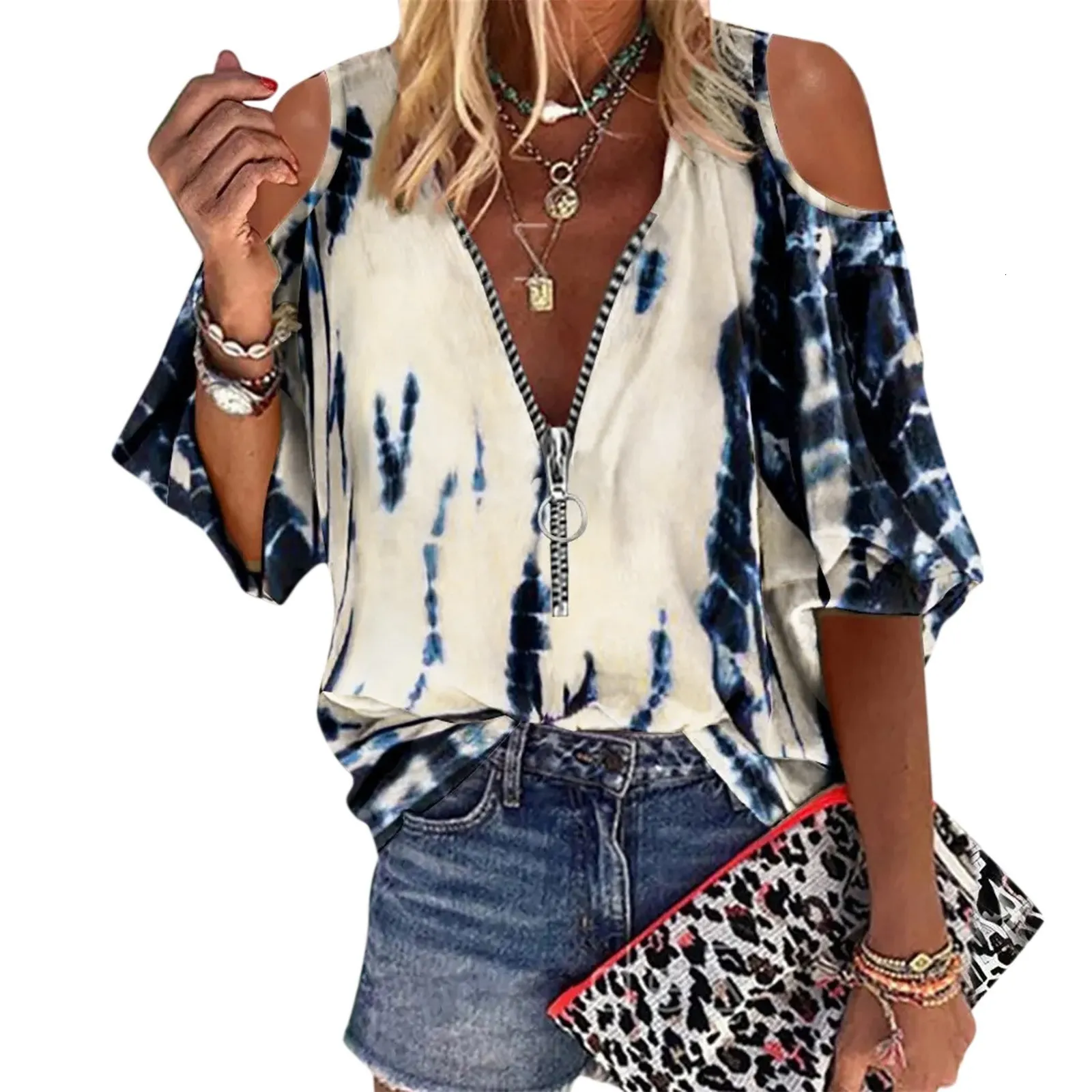 Womens Blouses Shirts Summer Women TShirts Sexy Off Shoulder Short Sleeve Tops Tie Dye Printing Zip Up V Neck Clothing 230519