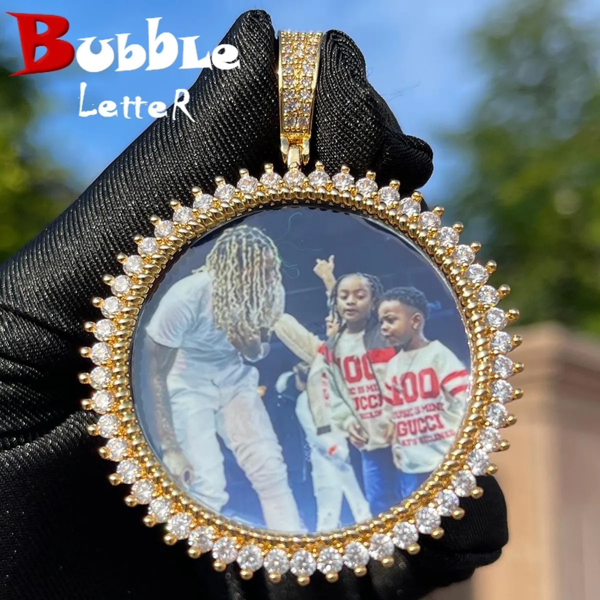 Necklaces Bubble Letter Medallion Necklace for Men Iced Out Picture Pendant Personalized Real Gold Plated Hip Hop Jewelry