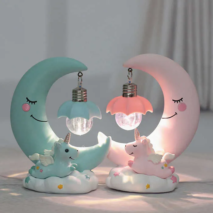 Nyhetsartiklar Led Night Light Harts Moon Unicorn Cartoon Baby Lamp Romantic Bedroom Decor for Children Kid Girl Toy Children's Gift Söt ljus G230520