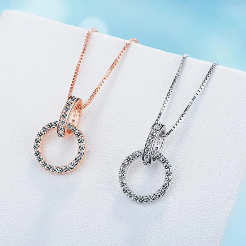 Pendanthalsband 925 Sterling Silver Crystal Necklace Double Circle Rose Gold Female Chain Korean Jewelry Gift