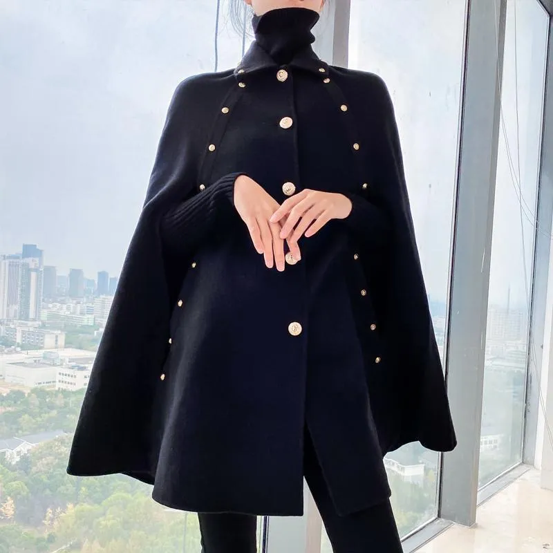 Women's Wool & Blends 2023 Autumn Winter Women Elegant Black Cape Warm Woolen Coat Mid-length Shawl Vintage Loose Cloak Christmas WomanWool