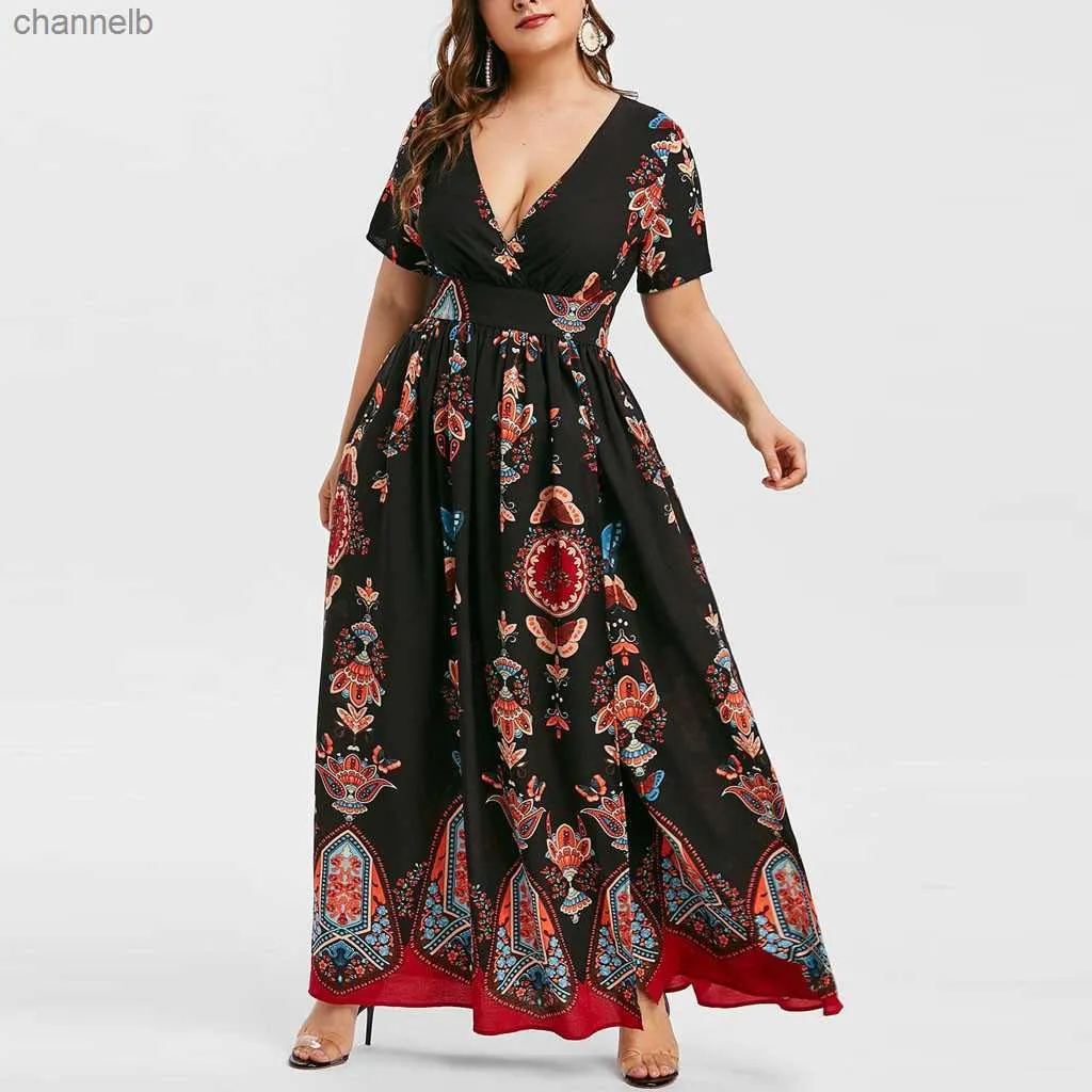 Robes décontractées 2021 été grande taille femmes Maxi robe Sexy imprimé vacances plage Wrap robes col en v Boho robe élégante fête robe d'été vestidos L230520