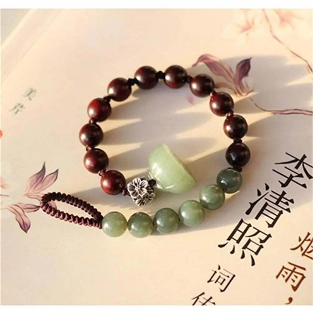 Armreif, natürliche grüne Hetian-Jade, Pterocarpus striata, Perlenarmband, handgefertigt, Lotus-Buddhismus, ethnischer Stil, Charm-Armreif für Damen