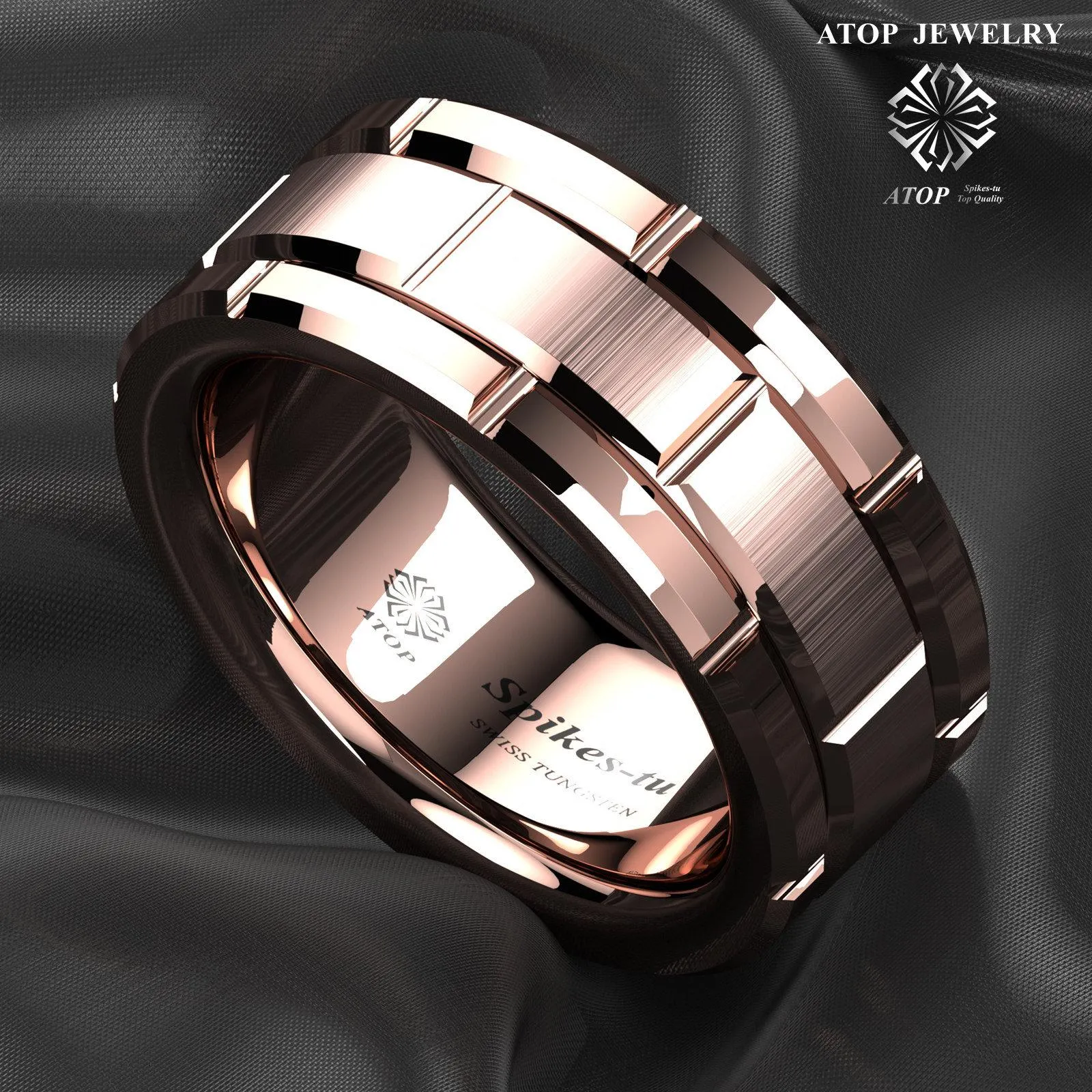 Rings 8mm Rose Gold Men Tungsten Carbide Ring Bushed Brick Pattern