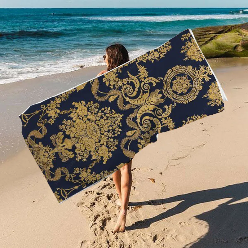 Luxury Premium Black Gold Pattern Flower Microfiber Quick Dry Beach Towel Men Women Soft Absorbent Oversized Towels Camping Mat